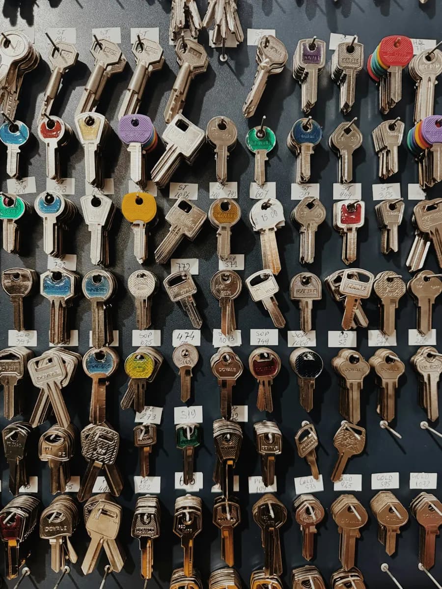Un mur de clés brutes de toutes les formes, accrochées à l’atelier