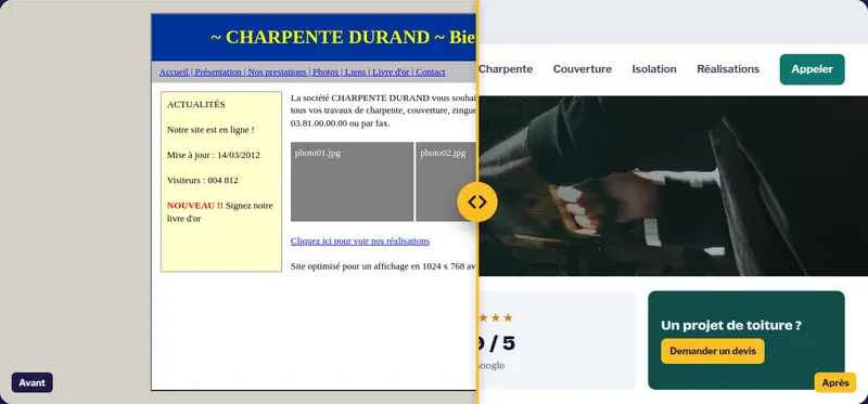 Avant et après la refonte d'un site de charpentier