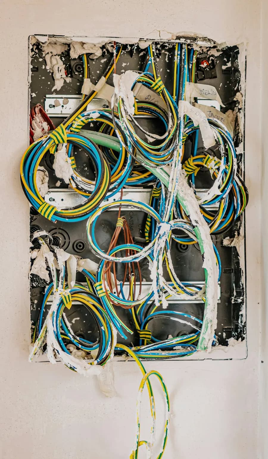 Fils électriques emmêlés dans un boîtier ouvert dans un mur
